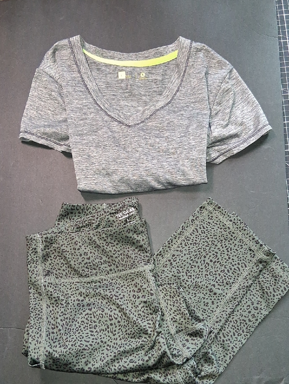 Activewear Set: Grey V-Neck Tee & Olive Leopard Leggings